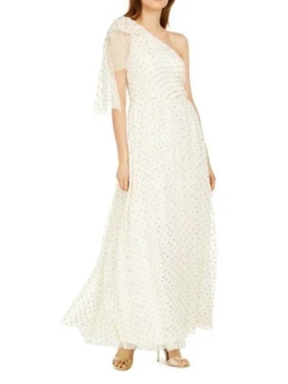 Eliza J Cream One-Shoulder Gown with Gold Dot Embellishment, size 12